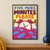 Poster reading “FIVE MORE MINUTES PLEASE” above a twin-bell alarm clock partly tucked beneath a raspberry quilt with periwinkle patches.; frame shown for styling only
