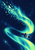 Small two-panel satellite beside a looping teal-green aurora ribbon and square fragments in deep blue space.