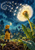 Small gardener in a yellow hat waters a giant glowing dandelion as bright seeds spiral through a moonlit garden.