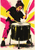 Focused drummer in a black shirt and magenta trousers playing a three-legged black floor tom amid angular yellow and magenta rays.