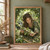 A woman in leafy green clothing kneels in a woodland, holding a branch of white star-shaped blossoms beneath an arch of foliage.; frame shown for styling only