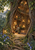 A library with illuminated shelves and a ladder inside a giant hollow tree, with a small librarian, squirrel visitor, root path, and bluebells.