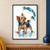 Small Yorkshire terrier looking up at a blue-green patterned scarf arcing overhead, surrounded by droplets and puddle rings.; frame shown for styling only