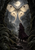 Cloaked masked wanderer on a forest trail beneath a giant pale moth and full moon.