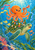Smiling orange octopus playing a coral-colored trumpet above a sea turtle carrying pennants, surrounded by fish, bubbles, sea grass, and coral.