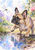 Fawn French bulldog with one paw raised beside a garden puddle, looking toward a hovering dragonfly.