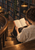 Adult reader seen from behind with an open book on a curving wooden library stair beneath a warm hanging lamp.