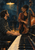 Seated pianist and standing double bassist share a glance beside a diagonal piano keyboard under a glowing lamp.