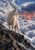 Long-haired horned mountain goat stands on a dark ridge above clouds, facing a glowing rain curtain.