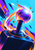 Oversized dark arcade joystick with a glowing orb at its tip, surrounded by cyan, violet and orange motion arcs and geometric flecks.