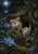 Two pale round-eared animals beneath a twisted root, with one reaching toward a dew drop among blue flowers and ferns in moonlight.