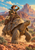 Wide-hatted traveler in a blue scarf riding a giant tortoise toward distant red-rock mesas across a dusty desert.
