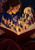 Adult woman in a cobalt sweater reading an open book beneath a glowing city of towers and amber-lit windows.
