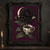 Black dahlia rising from a cracked floral porcelain teacup, with a pale moth, bud, sage leaves and ivory crescent on deep plum.; frame shown for styling only