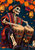 A skeleton in a broad-brimmed hat and colorful poncho plays two drums beneath orange paper flowers and lanterns.