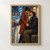 Two adults clasp hands and lean close beside a train on a reflective platform, rendered in textured cobalt, turquoise, orange, and gold strokes.; frame shown for styling only