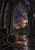 Ruined pointed stone arch framing a bare courtyard tree at violet dusk, with reflective paving and a fallen gargoyle-like figure.