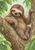 A brown sloth sits in a forked tree and watches a bright green caterpillar on its forelimb, framed by leaves.