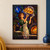 Apron-wearing baker witch raising both hands beneath a glowing braided loaf in a jewel-toned kitchen with an oven and dough bowl.; frame shown for styling only