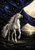 White unicorn with a spiralled horn beneath a starry blue-violet fabric canopy, with a bright opening and distant landscape.