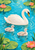 White adult swan swimming with two pale cygnets in turquoise pond water, surrounded by green lily pads and coral-pink flowers.