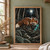 Red-orange fox looking toward glowing turquoise mushrooms among ferns in a moonlit forest, with red berries and a shallow stream.; frame shown for styling only