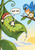 Sleepy green caterpillar in a leaf hammock with a mug and “NOT YET” speech bubble; bluebird, yellow alarm clock, and falling dew drops nearby.