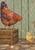 Mosaic-style hen on a wooden crate faces a yellow chick beneath a curling stem, against a tiled wall and floor.
