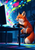 Red fox seated at a desk reaching for a game controller, with a monitor and bright pixel-like color arc in a navy room.