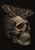 Broad-winged moth perched on a weathered skull with a copper-orange glow in one eye socket against a nearly black background.