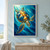 Sea turtle with a segmented amber, cream, and cobalt shell swimming through turquoise and deep-blue panels.; frame shown for styling only