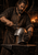 Bearded adult armorer in an apron shaping a polished helmet with a hammer beside an anvil and glowing forge.