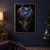 Decorative plum-colored split seedpod framing vivid blue flowers, with curling tendrils, glossy leaves, and pale roots on a near-black background; frame shown for styling only