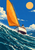 White sailboat with a saffron-orange triangular sail riding a diagonal teal breaking wave, with a seated sailor, pale sun, and distant mountains.