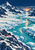 Stylized glacial basin with a turquoise meltwater channel winding between jagged icy peaks, a small red tent on a rocky ledge, and warm light on the horizon.