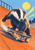 A black-and-white badger crouches on a skateboard in front of an orange ramp, with blue sky and a yellow sun-like circle.