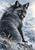 Dark silver-gray fox with amber eyes looking back over its shoulder against a snowy ledge, pale grasses, and distant icy mountains.