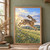 A tawny hare leaps rightward over meadow grasses and blue and white flowers beneath a blue-and-gold sky.; frame shown for styling only