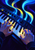 Two hands playing a diagonally positioned electronic keyboard beneath luminous blue, cyan, and yellow ribbon-like arcs.