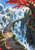 Curving stone bridge path above a misty waterfall ravine, framed by a vivid red-leaved tree and distant cliffs.