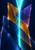 Translucent indigo, amber, and violet angular planes intersect around a bright vertical turquoise beam against a deep navy background.