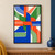 Cobalt blue, orange-red, and green bands interlock in a central geometric weave with fine parallel stripes.; frame shown for styling only