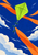 Lime-green diamond kite with crossed spars and three dark teal bows amid orange wind ribbons, white strokes, and pale clouds on blue.