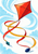 Faceted vermilion kite with broad curling red and orange-yellow tails, teal diamond, and indigo oval against pale-blue wind shapes.