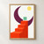 Four orange-red geometric steps rise beneath a plum crescent, with a mint square and pale-yellow circle on an off-white background.; frame shown for styling only