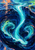 A bright turquoise current curves through dark indigo water, splitting around two large eddies with small coral and lime reflections.