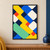 A sunflower-yellow zigzag descends through rounded cobalt-blue and warm-white geometric tiles, with red squares, a mint shape, and navy gaps.; frame shown for styling only