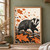 Black-and-cream badger with a striped face stepping through burnt-orange autumn leaves across dark ground.; frame shown for styling only