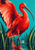 Large scarlet-red ibis-like bird with lifted wing and curved bill in turquoise water among reeds.
