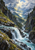 Turquoise waterfall spilling over a rocky shelf in a forested alpine ravine, with snowy peaks and sunlight breaking through clouds.